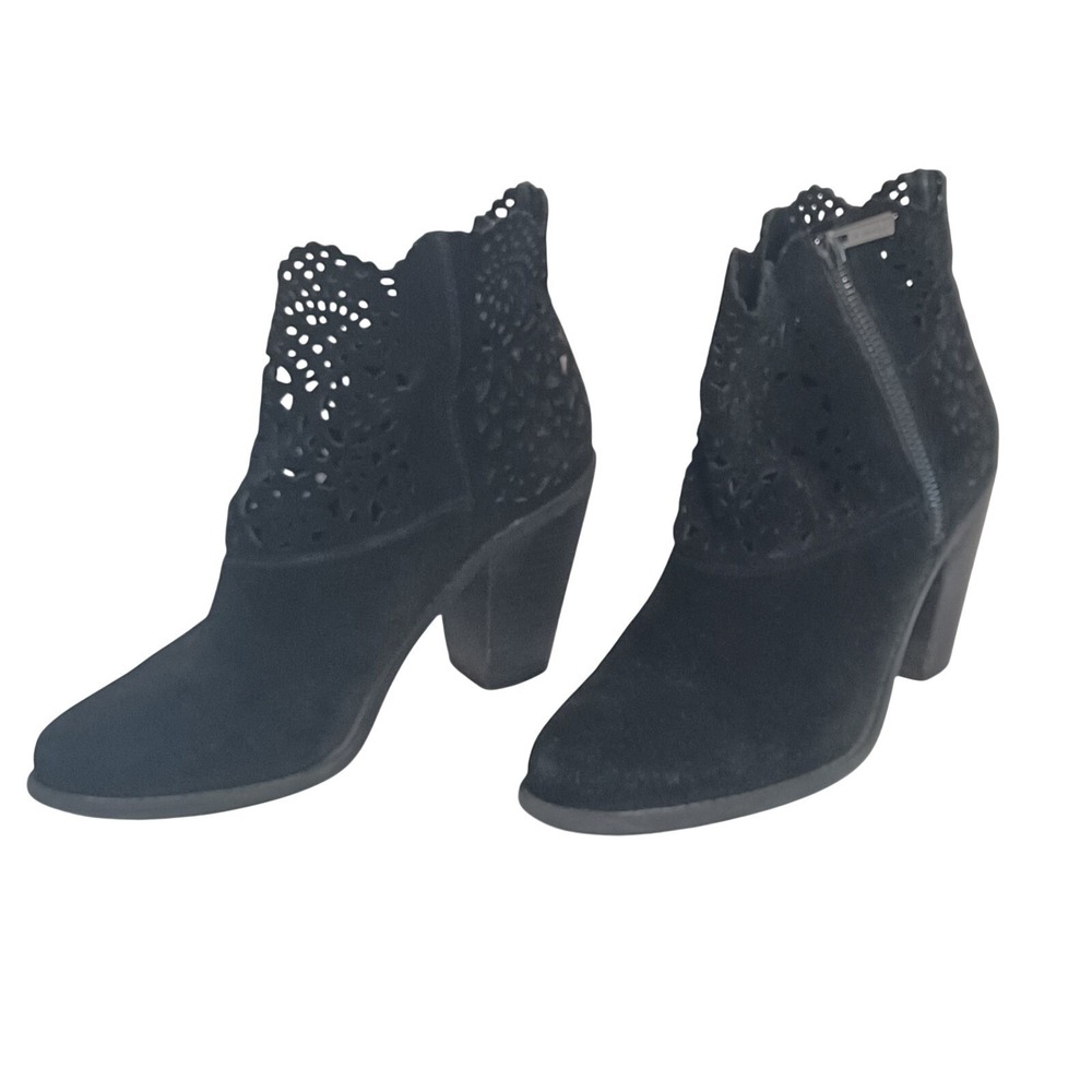 Jessica Simpson Black Suede Laser Cut Ankle Booties Block Heel Zip Up Women's 8M